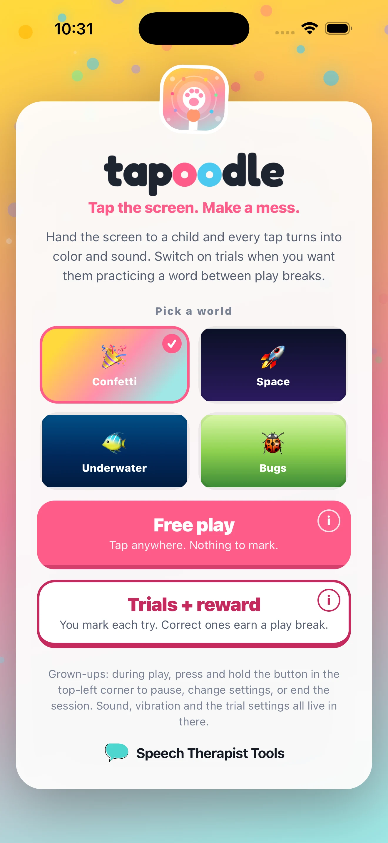 Tapoodle start screen with the paw logo, four theme choices and the Free play and Trials + reward buttons