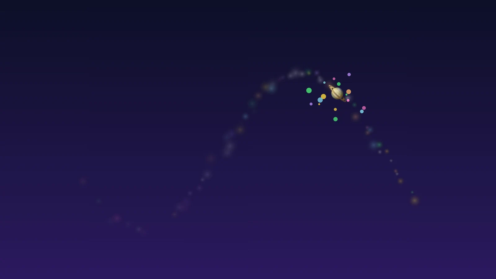 Speech Smash space theme: a glowing trail follows the pointer and a tap bursts into planets and confetti