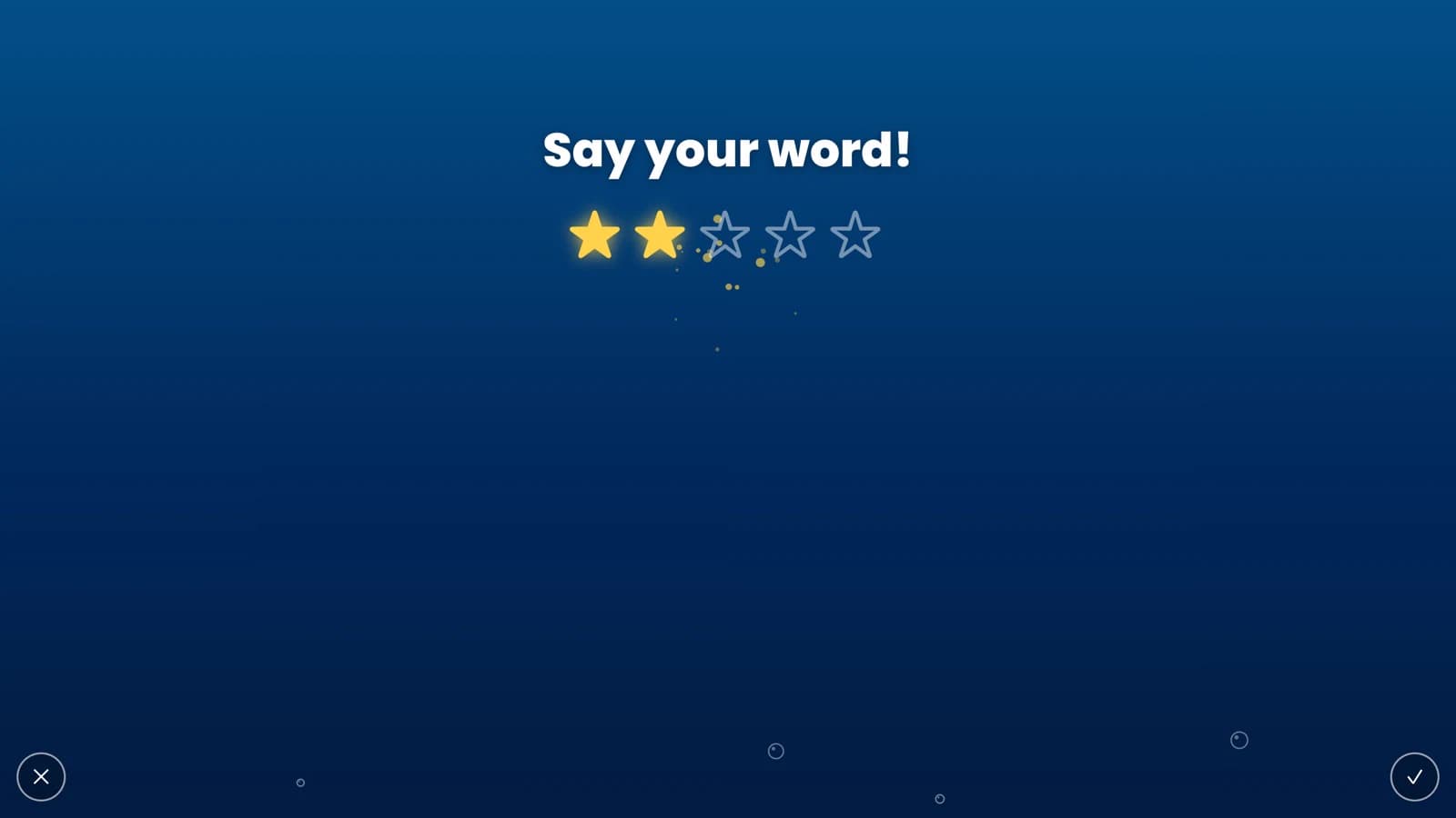 Speech Smash Trial + Reward mode showing the Say your word prompt with two of five stars earned