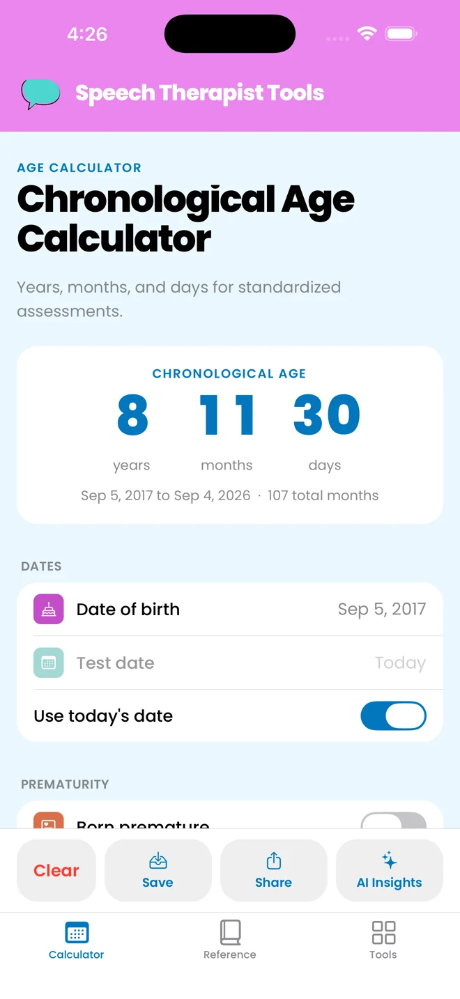 A result reading 8 years, 11 months, 30 days, with save, share and AI Insights buttons