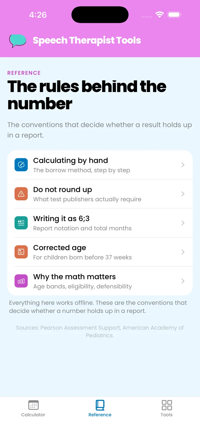 Reference topics including the borrow method, not rounding up, and corrected age
