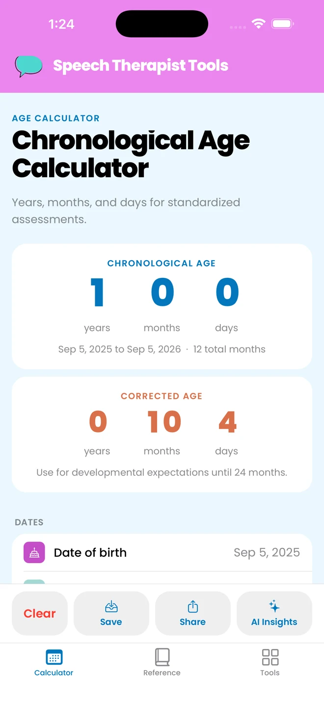 Chronological age of 1 year shown above a corrected age of 10 months and 4 days