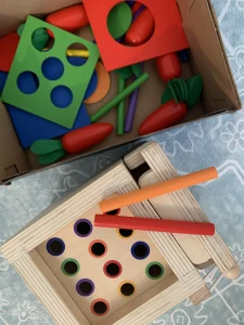 An Object Permanence Box, a Montessori educational toy, with pegs, carrots, and coins.