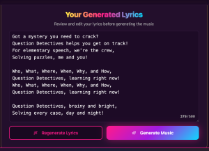 A screenshot with the lyrics for a jingle created for the "Question Detectives"; a group of speech students practicing WH-questions
