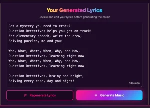 A screenshot with the lyrics for a jingle created for the "Question Detectives"; a group of speech students practicing WH-questions